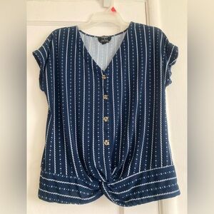 Blue and White Buttoned Cap Sleeve Blouse